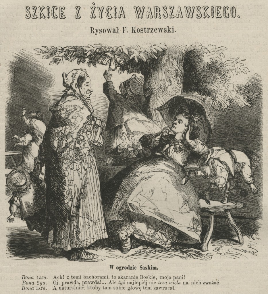 Franciszek Kostrzewski satyra, kobieta na spacerze z dzieckiem i służącą XIX w.