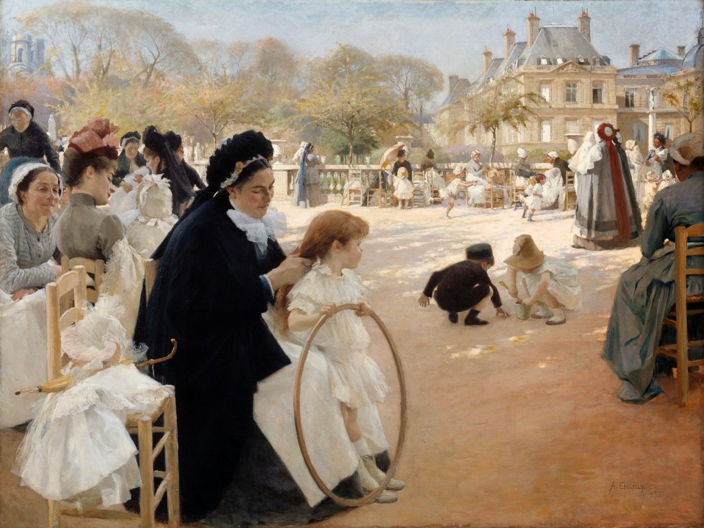 kobieta z dzieckiem na spacerze w wózku, służąca XIX w.
