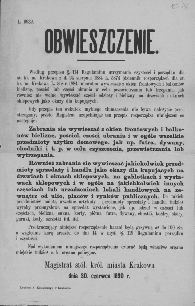 dawne akty prawne Krakowa obwieszczenia, zarządzenia XIX w.