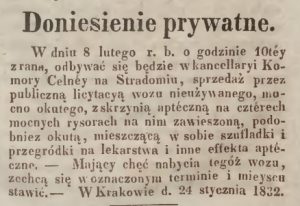 licytacja wozu aptecznego w XIX w. ogłoszenie