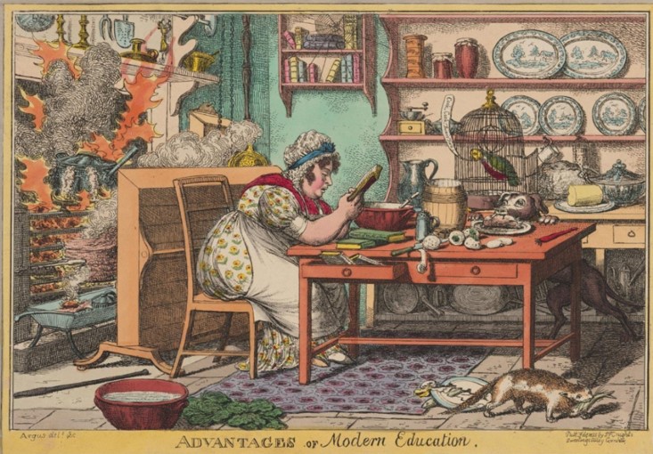 kobieta czytająca książkę w kuchni XIX w. w kominku pali się jedzenie pajęczyna na ścianie pies je resztki ze stołu