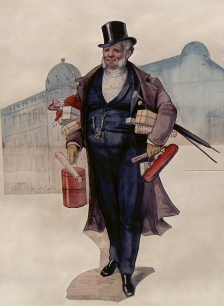 mężczyzna z zakupami XIX w. rysunek