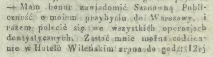 Kurier Warszawski 1838 reklama zakładu dentystycznego, reklama dentysty