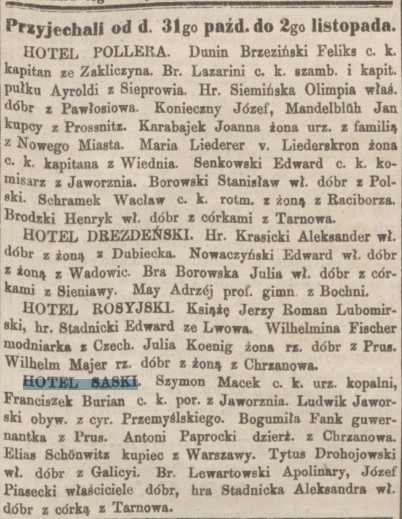 Czas 1854 lista gości przyjeżdżających do hotelu w XIX w. Hotel Saski